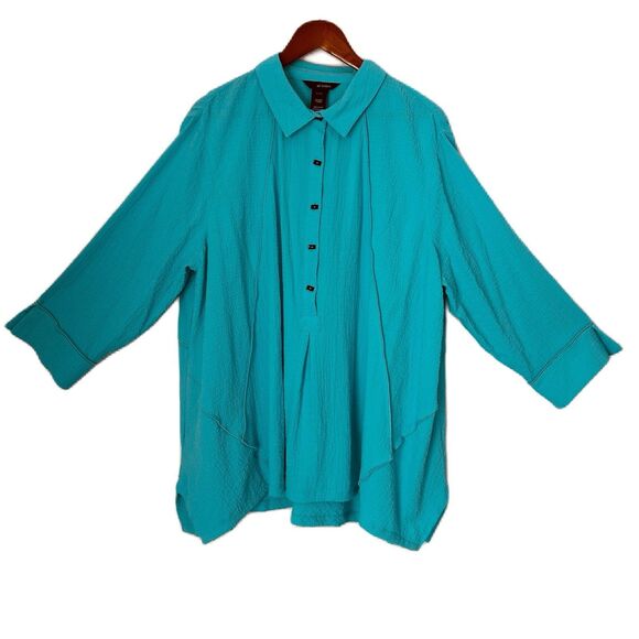 Ali Miles Blouse Women 3X Turquoise Texturd Lagenlook Comfy Classic Asymmetrical - Picture 1 of 14